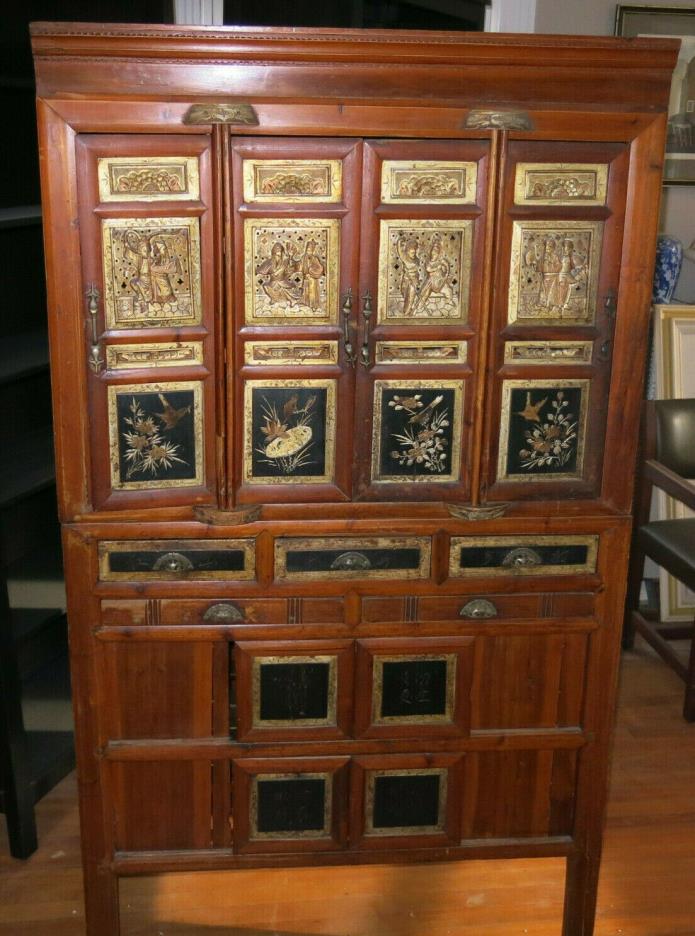 Antique Chinese Kitchen Cabinet Beautiful Wooden Carvings c 1860