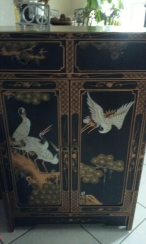 Beautiful Hand Painted Oriental Chest /Cabinet Black Chinoiserie VINTAGE EUC
