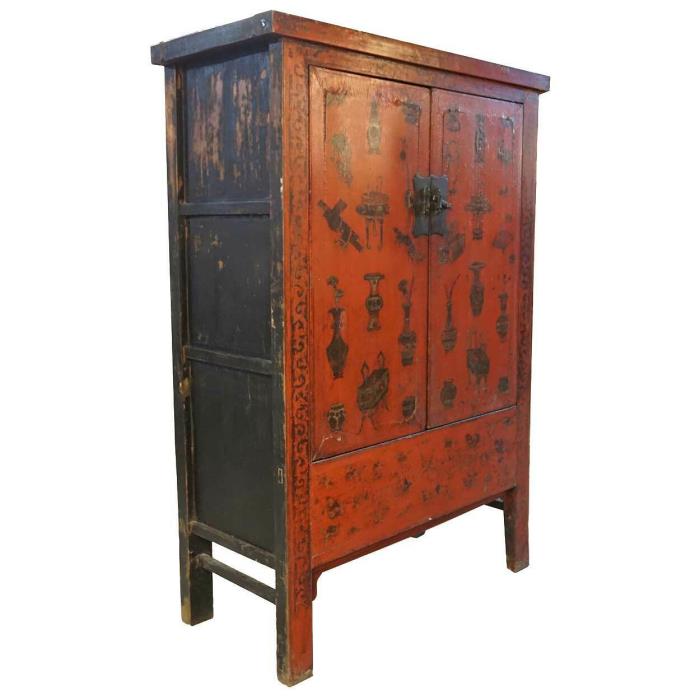 Antique Chinese Red Lacquer Kang Cabinet 19th century