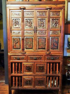 Rare Antique Ornate 18th Century Carved Wood Chinese Cabinet Buffet