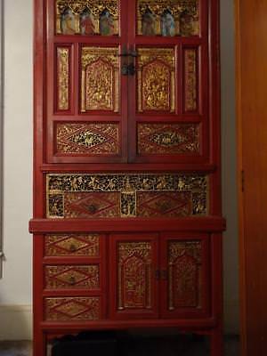 Amazing Ming Antique Chinese Wedding Cabinet Reverse Glass Painted