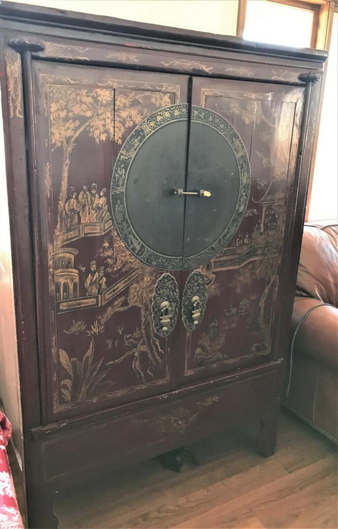 Antique Chinese Cabinet / Wedding Armoire Lacquered Hand Painted