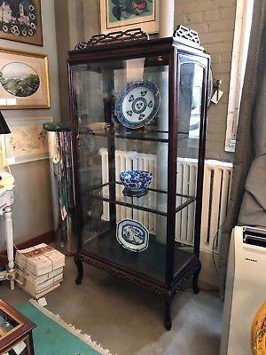 19th Century Chinese Rosewood Hand Carved 3 Shelf Curio Display Cabinet 2 Doors