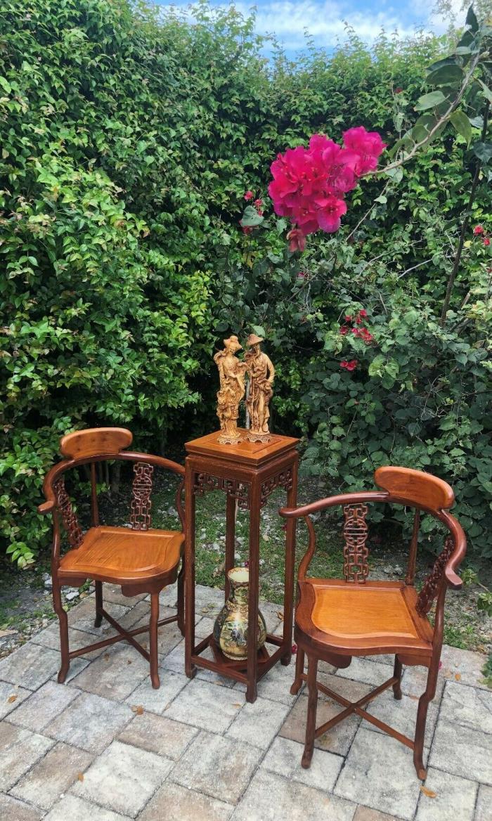 Set of Chinese Wood Corner Chairs with Flower Stand Tall Side Table