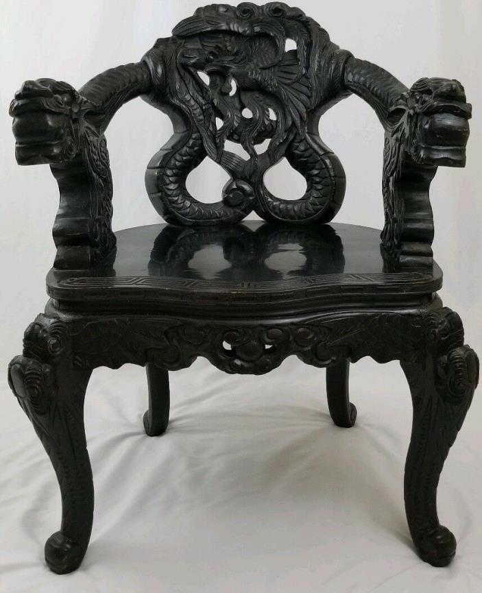 vintage Chinese carved wood dragon armchair rooster Asian Early 20th C. Antique