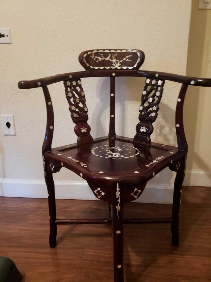 Antique Chinese Rosewood Corner Chair Inlaid Mother of Pearl