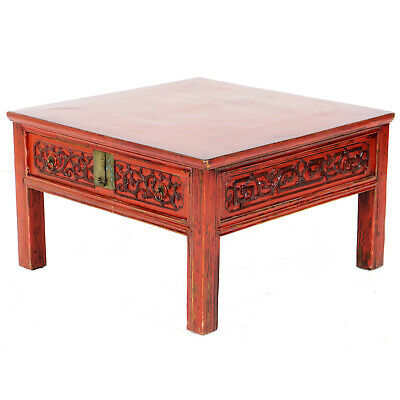 Antique Chinese 2 Drawer Red Coffee Table with Relief Carvings, 32