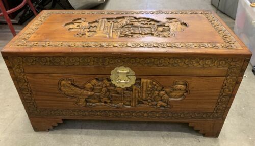 Vintage Asian Hand Carved Wood Trunk Table Relief Scenery 15” x 28”  Nice