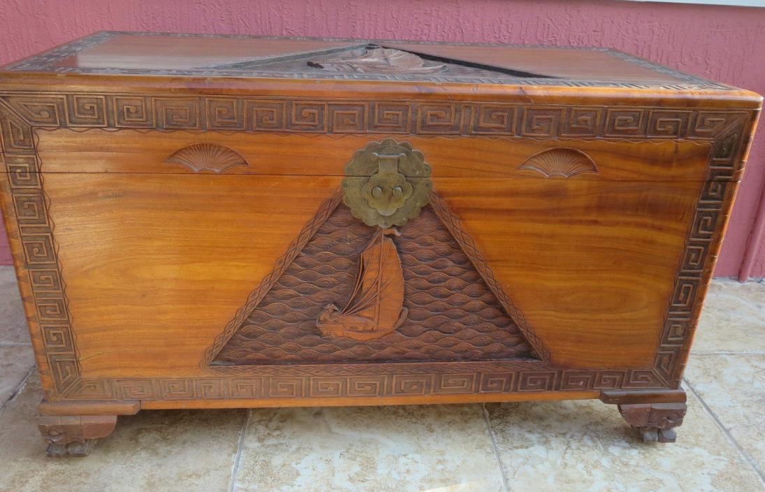 1930's Carved Chinese Hardwood Carved Trunk Cedar Lined