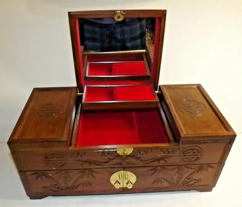 Large Vintage Wooden Hand Carved Jewelry Box  Chest  ~ ASIAN, PAGODA CARVINGS