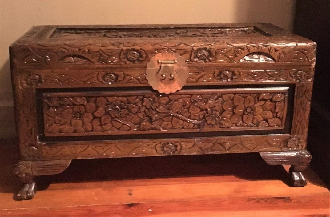 Vintage Chinese footed Camphor trunk Blanket chest carved wood birds and flowers