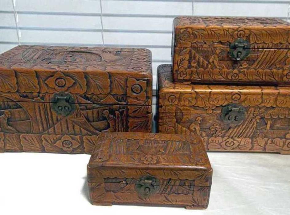 4 Antique Chinese Camphor Wood Yu Ting Good Luck Carved Chests & Keys Hong Kong