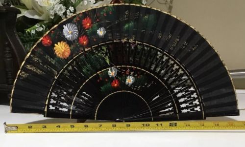 Vintage Chinese Japanese Hand Painted Black Floral Hand Fan 16.5”