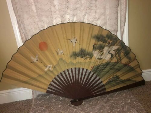 Vtg Asian Wall Fan Birds Floral Painted Paper Oriental Chinese Decor Huge 30x54