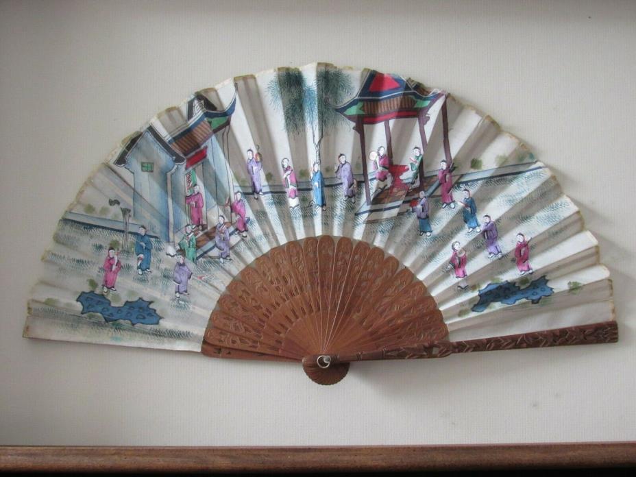 Antique Chinese Hand Painted 100 faces Fan, Elaborately Carved Sandalwood