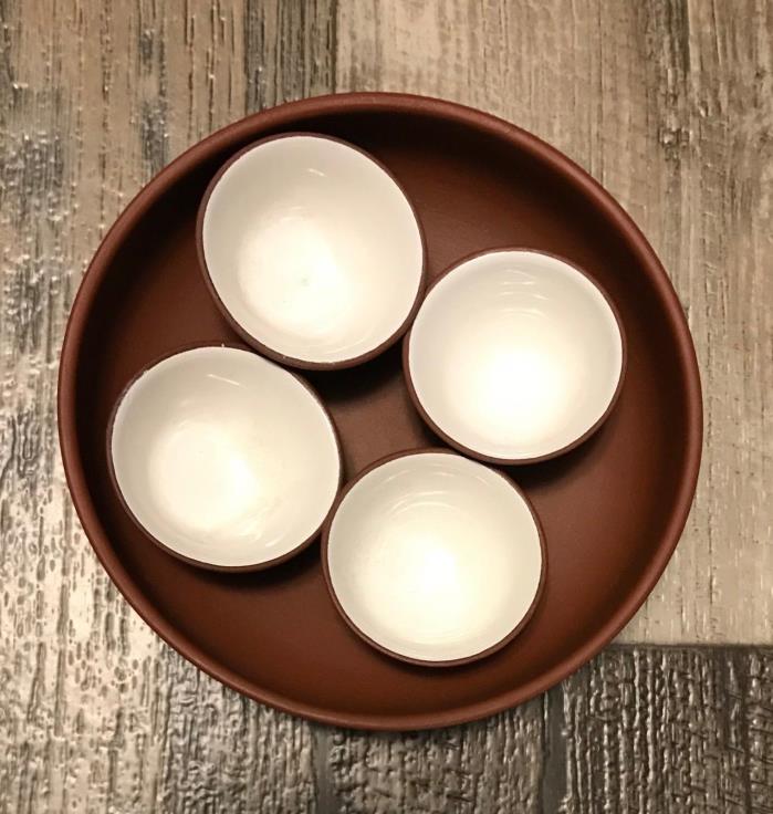 Antique terra cotta red clay cups and bowl with porcelain coating inside cups