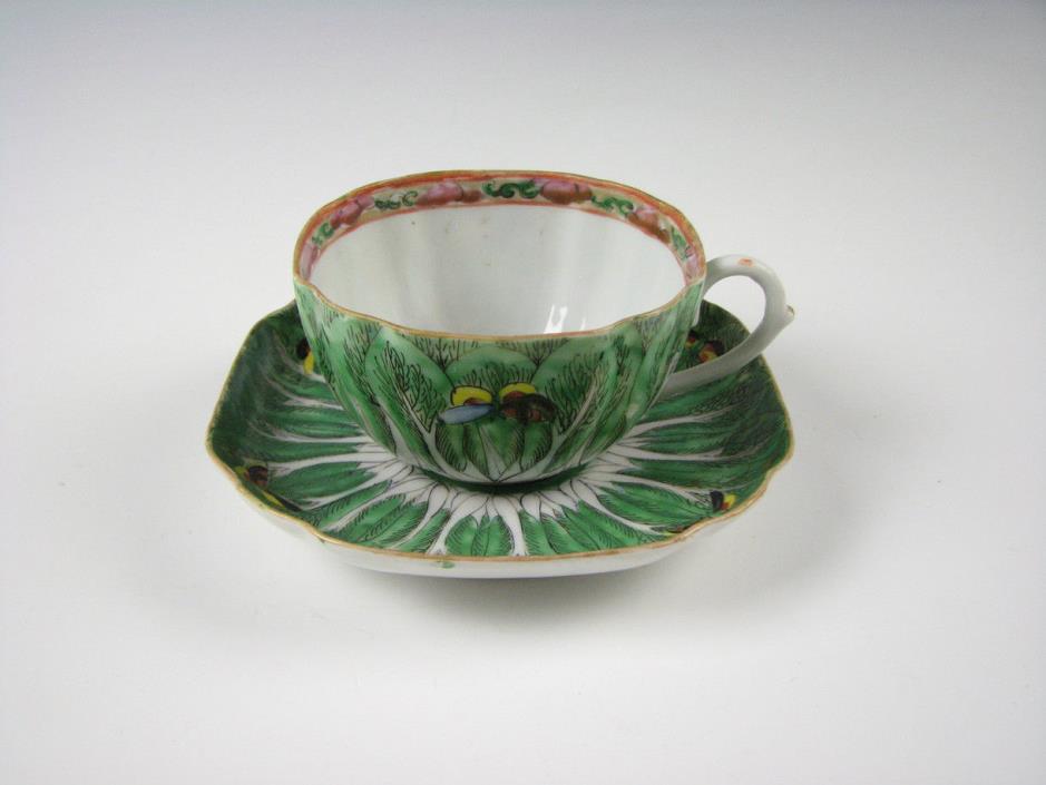Chinese Export Porcelain Cabbage Leaf Butterfly Cup & Saucer