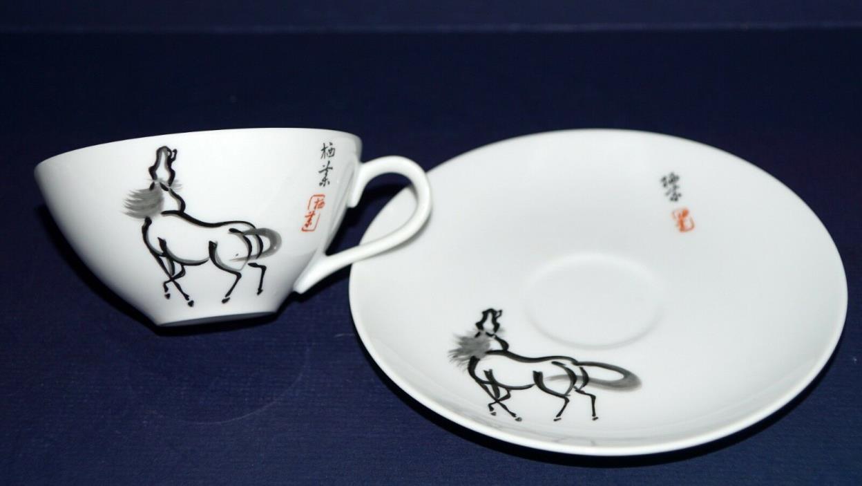 ANTIQUE ~Set 4~Cup & Saucer~ Jingderzhen Porcelain ~ Xie Ji ~ Hand Painted Horse