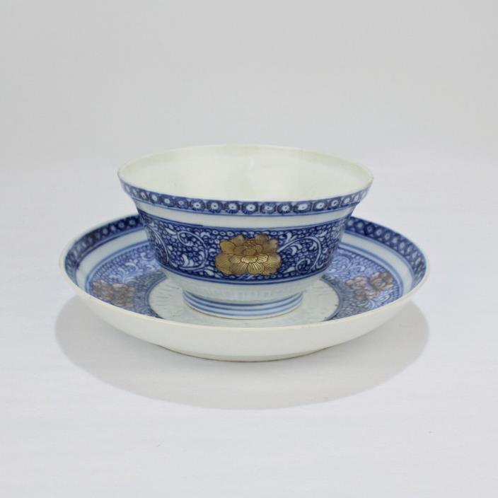 Antique 18C or 19C Chinese Porcelain Cup & Saucer W Blue Peony Pattern - PC