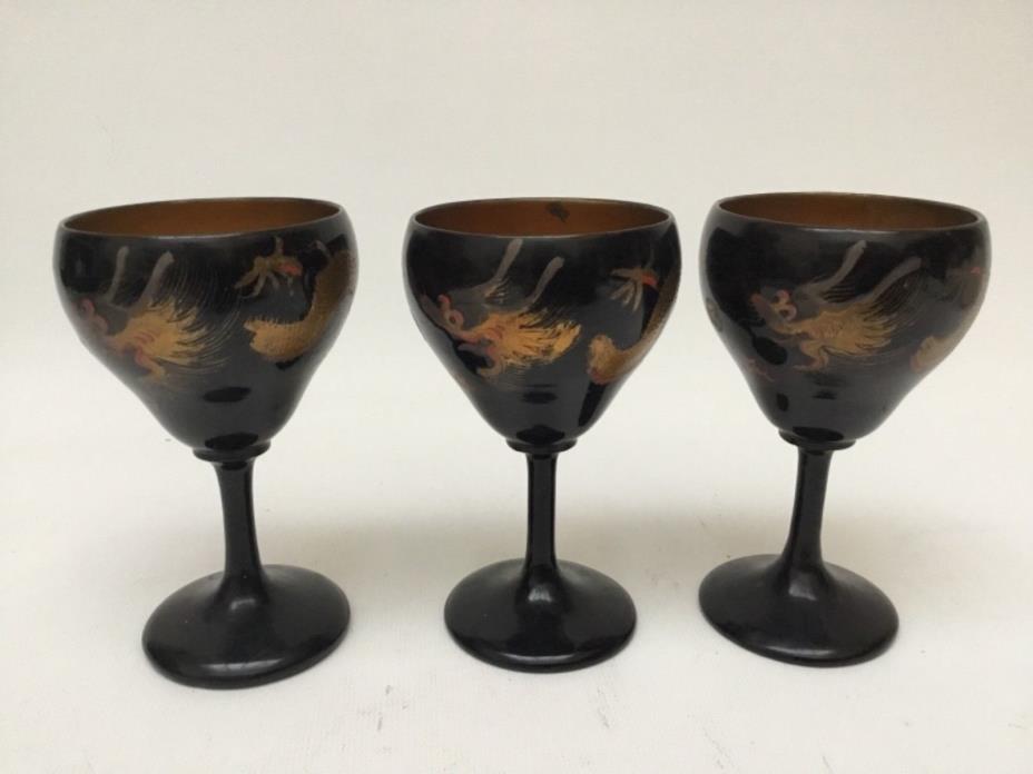 Set/3 Antique Chinese FooChow China LacquerWare Dragon Wine Cups Glasses 4 3/4”