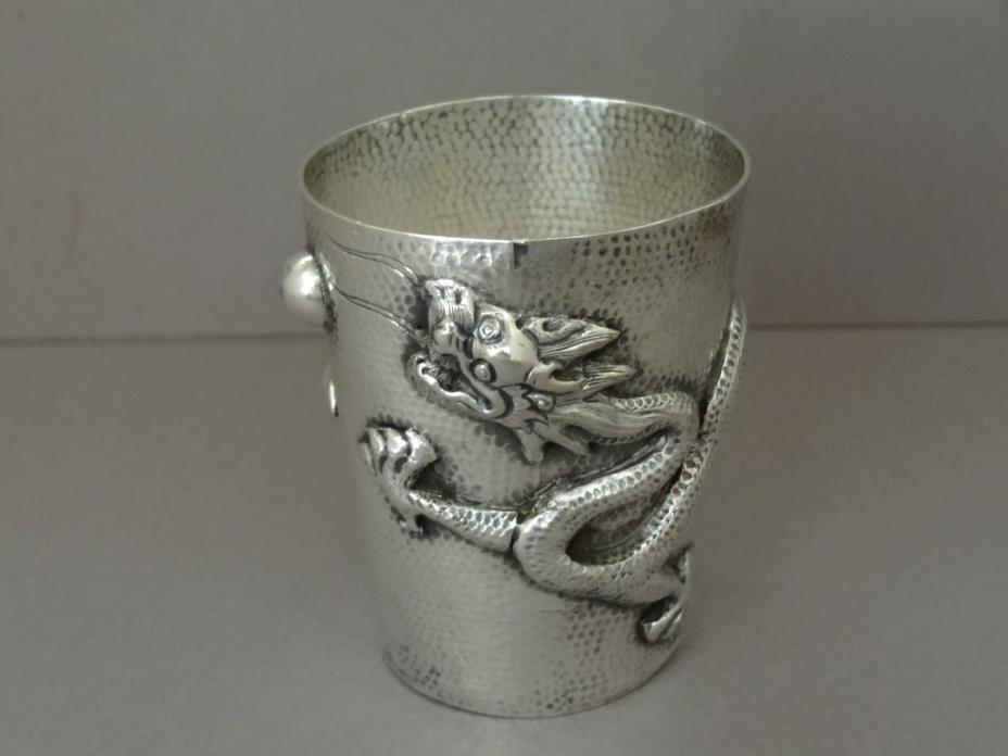 Antique Chinese or Chinese Export Solid Silver Hammered Dragon Cup Beaker 53 Gms
