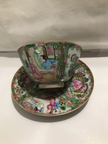 Chinese Export Famille Rose Medallion Handlers Tea Cup & Saucer China Mark