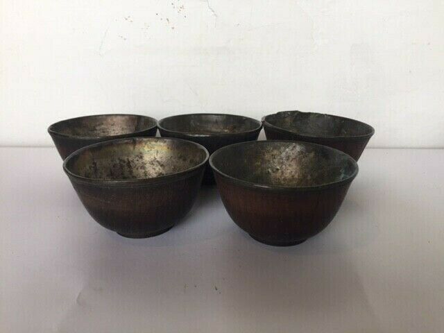 Set of 5 Antique Chinese Huanghuali Wine Cups Inlaid with Silver