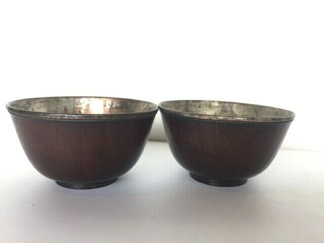 Pair of Antique Chinese Huanghuali Wine Cups Inlaid with Silver