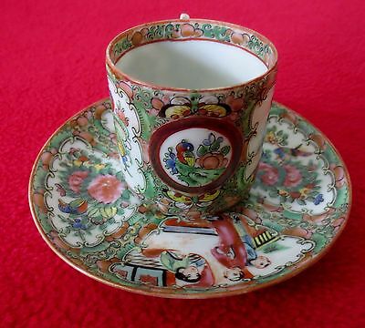Antique ROSE MEDALLION Hand Painted Enamel Porcelain Flat Cup & Saucer