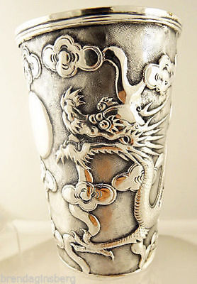 Antique Chinese Export Silver Beaker Mug w Repousse Dragon Clouds (5510)