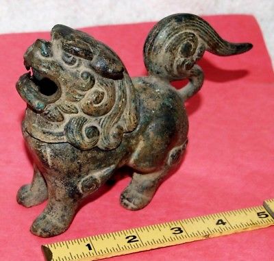 Antique Cast Iron Chinese Foo Dog Lion Guardian Spirit Incense Burner Figurine
