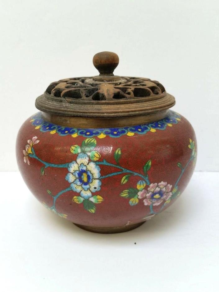 Antique Chinese Cloisonne Incense Burner with Wooden Lid