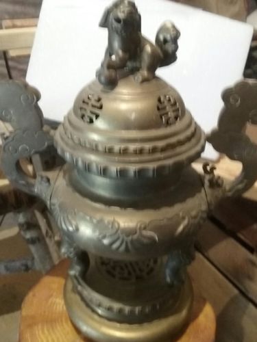 19th  century chinese large brass incense burner with foo dog on the lid