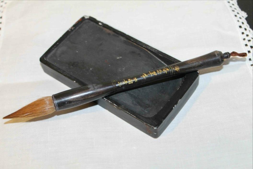 Antique JAPANESE Ink Stone & Wooden Brush, Signed 