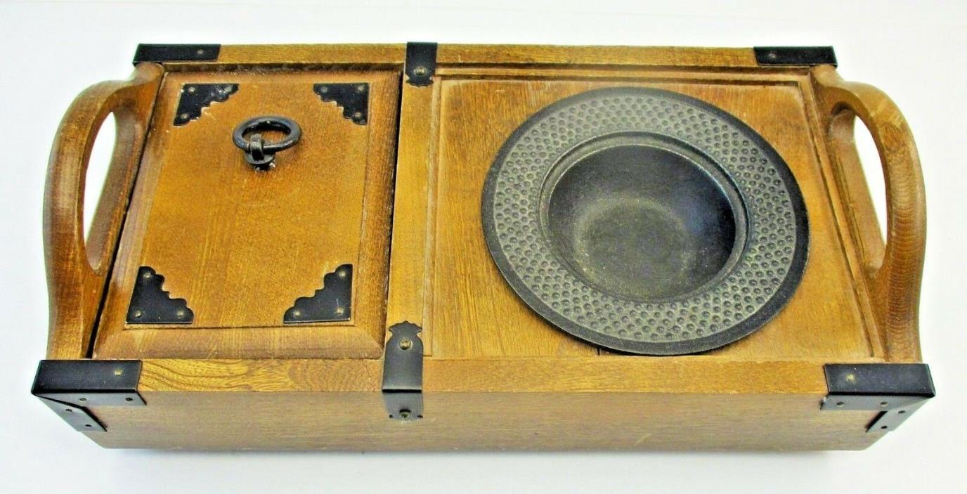 Chinese Light wood Calligraphy Ink Box w Handles, Cast Iron Bowl & Storage area.