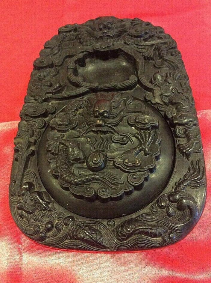 Large Antique Chinese Hand Carved Dragon Ink Stone with Lid