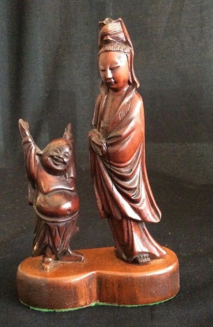 Vintage Chinese Hand Carved Hard Wood Goddess Kuan Yin With Happy Buddha