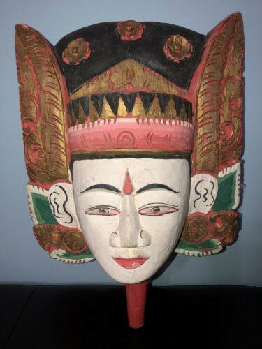Oriental Chinese Wood Hand Carved Painted Wall Hanging Face Mask Decor w/handle