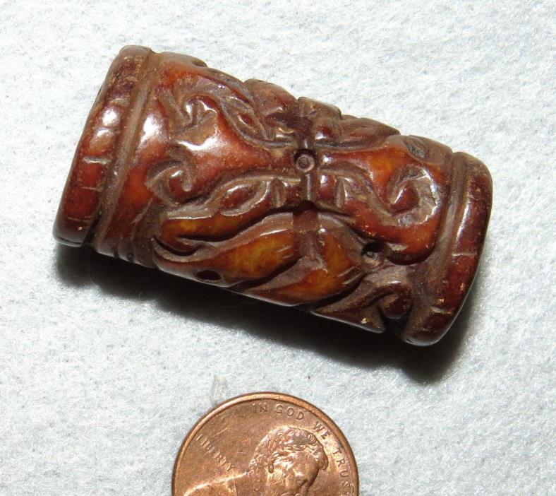 Antique Jade Bead Carved Pendant Auspicious Beasts Vintage 20X38mm
