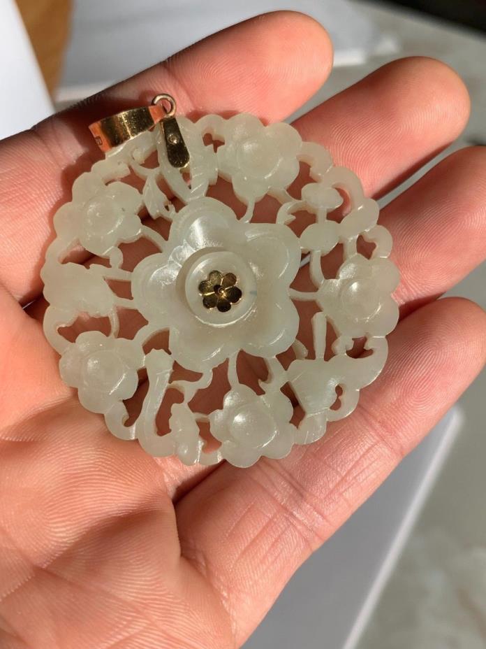 Antique Chinese 14k Gold Carved Jade Pendant