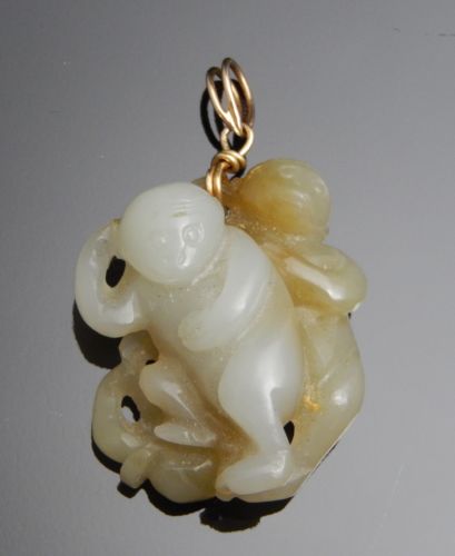 Antique Chinese Carved Jade Monkey Pendant w/ 1972 COA Stating 100+ Years Old