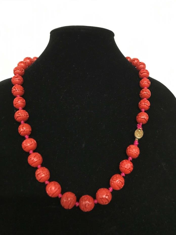 VINTAGE CARVED RED CINNABAR BEAD NECKLACE FLOWERS CLASP