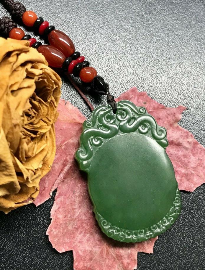 Jade Pendent Necklace Natural Canadian Nephrite Green Jade 55*39*8 mm