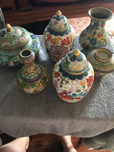 Lot of 6 Vintage Cloisonne Covered Jars and Vases
