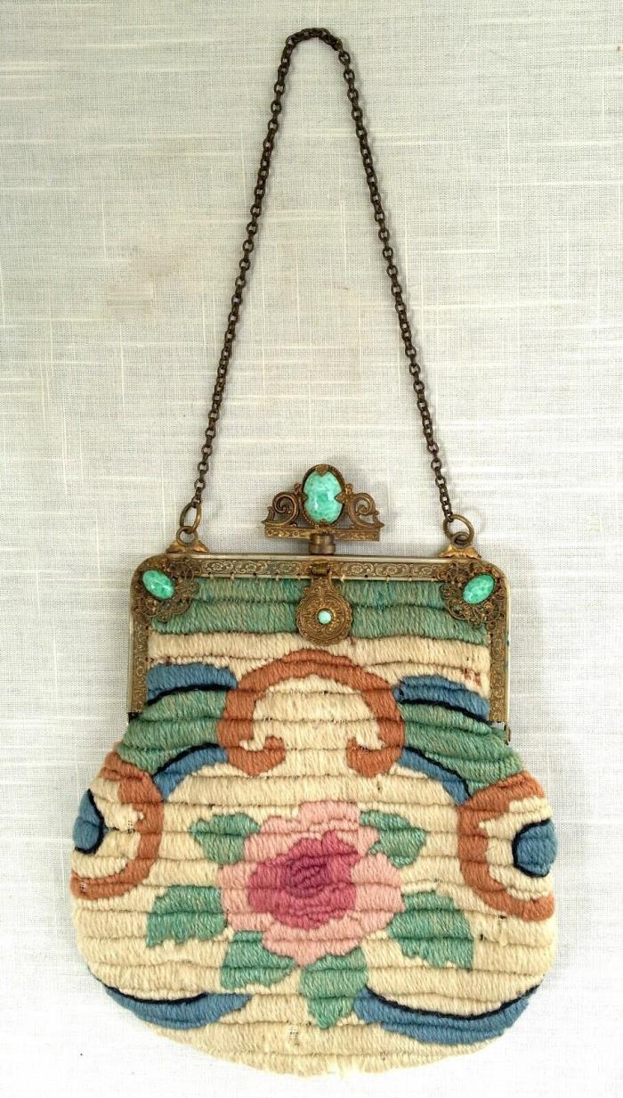 Antique Hand Embroidered Wool Evening Bag, Gilt Metal Frame with Peking Glass