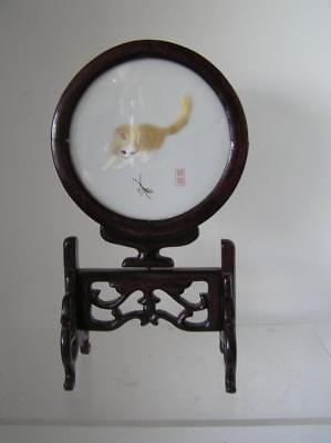 Antique Chinese embroidered Suzhou Cat Silk in round dbl pedestal darkwood frame