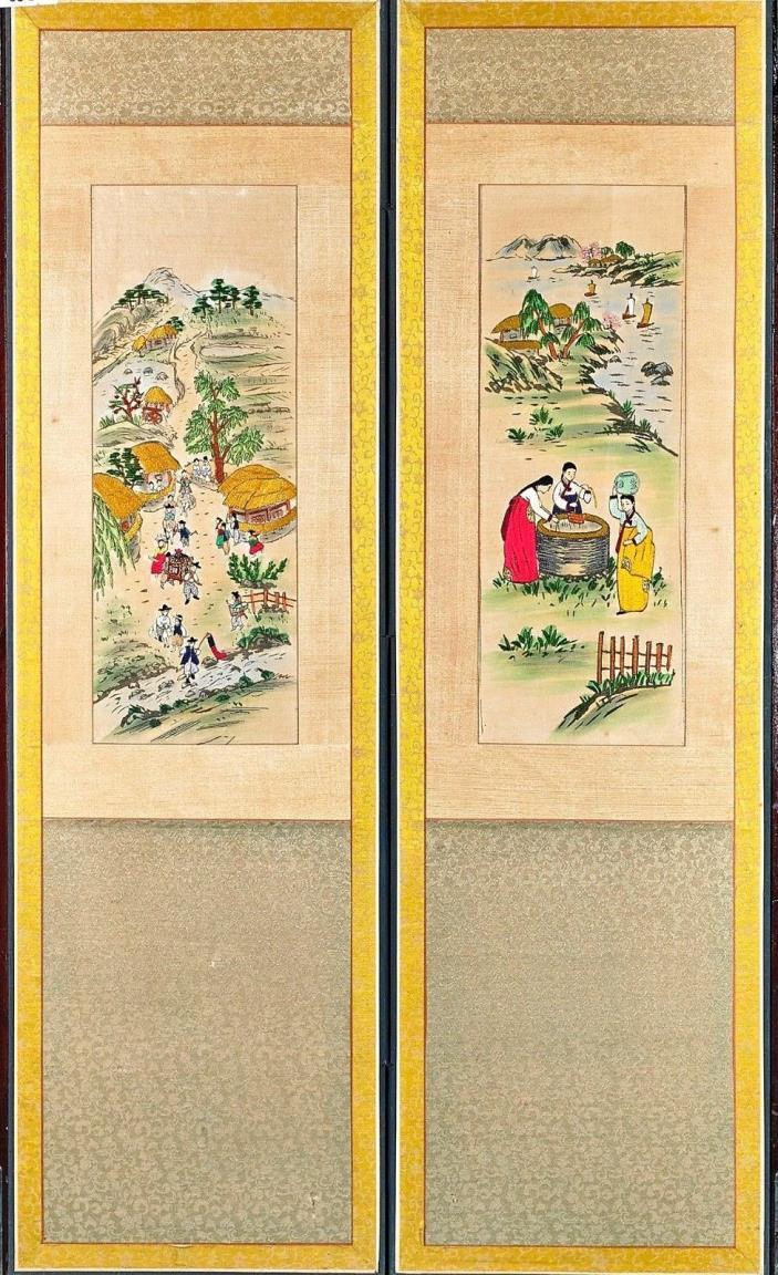 Vintage Chinese Silk Embroidery Two Panel Screen