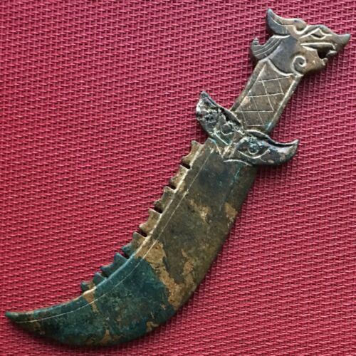 Old Chinese Natural Jade, Hand Carved Knife Dragon, 173 mm, 68.6 g, China.