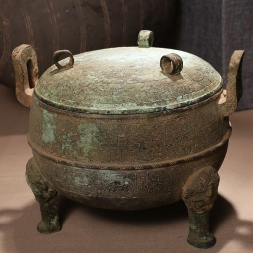 Archaic Chinese Warring States Ritual Bronze Tripod Vessel Ding Green Glaze SA02