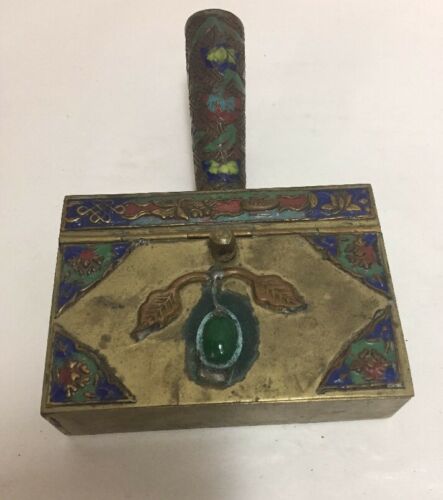 Antique Chinese Brass Enamel Personal Ashtray Green Stone